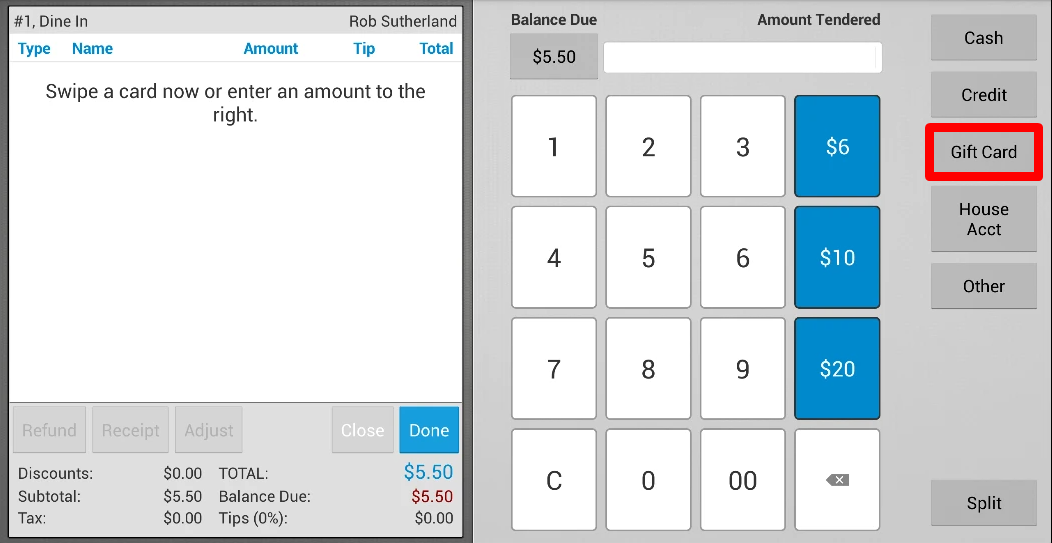 Toast payment screen with Gift Card option highlighted