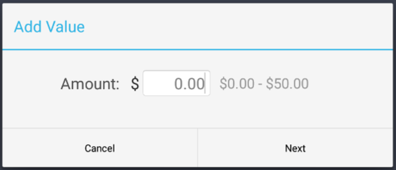 Add Value screen with amount input
