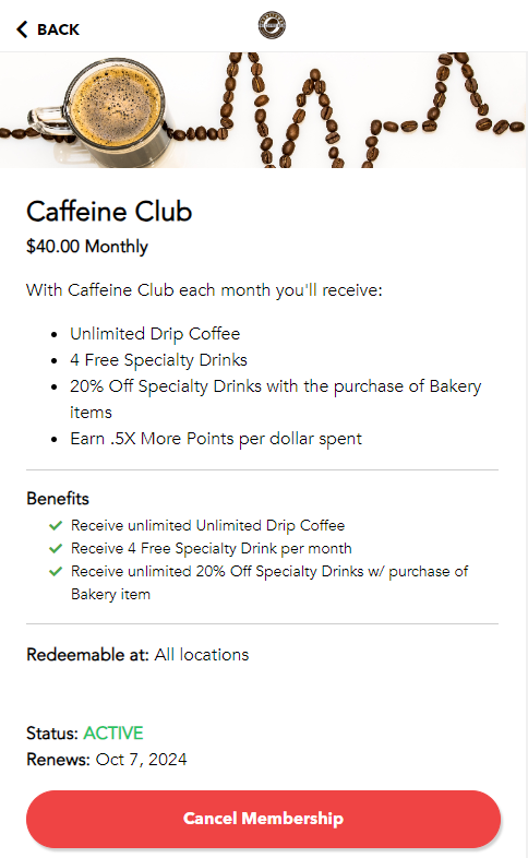 Cancel membership screen