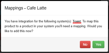 Product mapping prompt after submitting a new product, showing Toast as the example integration