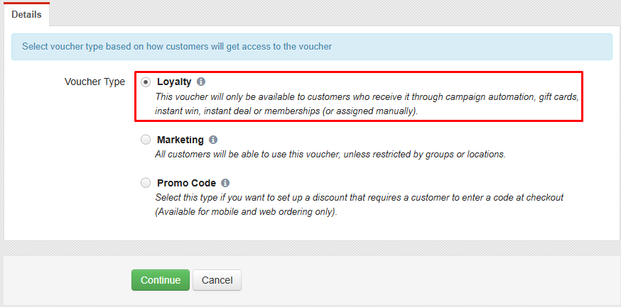 Vouchers page in the TapMango Portal with the Create New Loyalty Voucher option highlighted