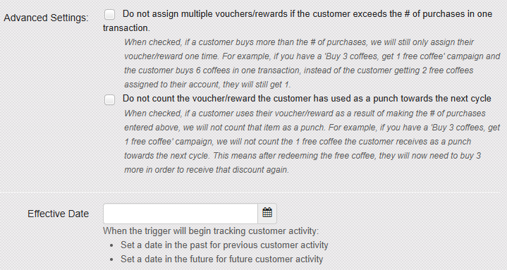 Punch card trigger panel showing Advanced Settings and Effective Date fields