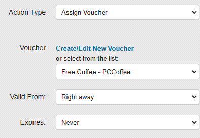 Assign Voucher action panel showing the Voucher selector and Valid From and Expires fields