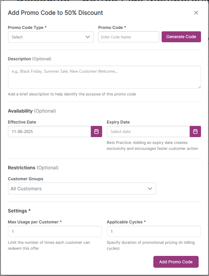 Promo Code settings form