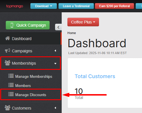 How to select Manage Discounts from under the Memberships dropdown menu