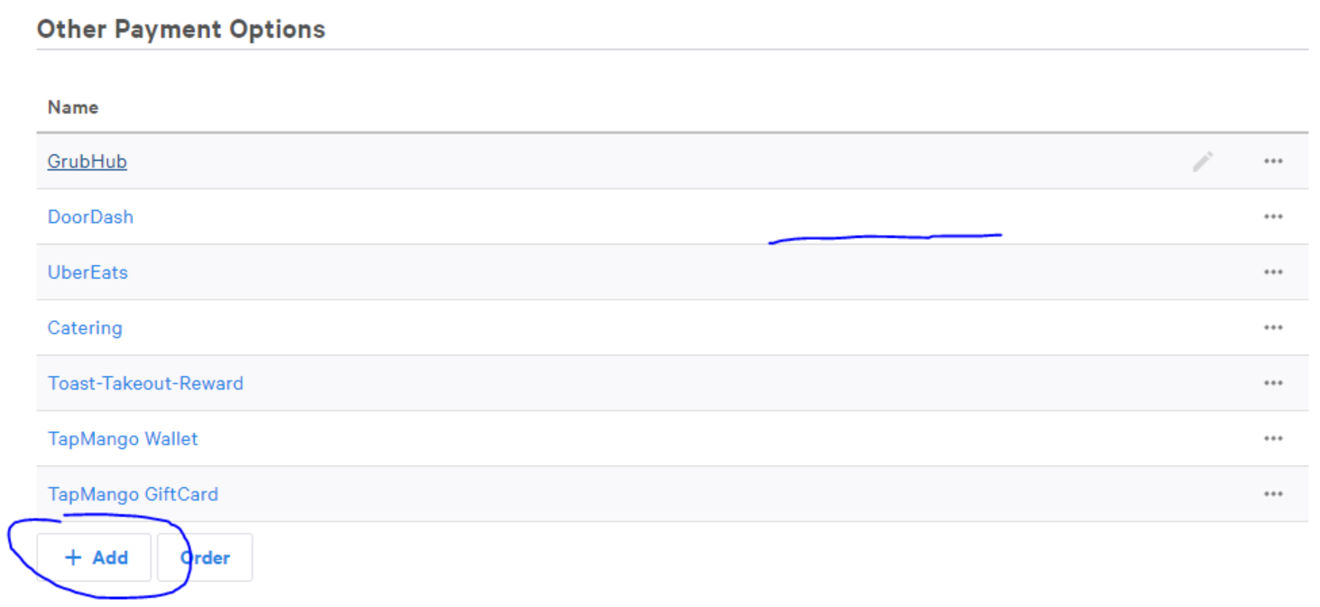 Add new payment option button in Toast